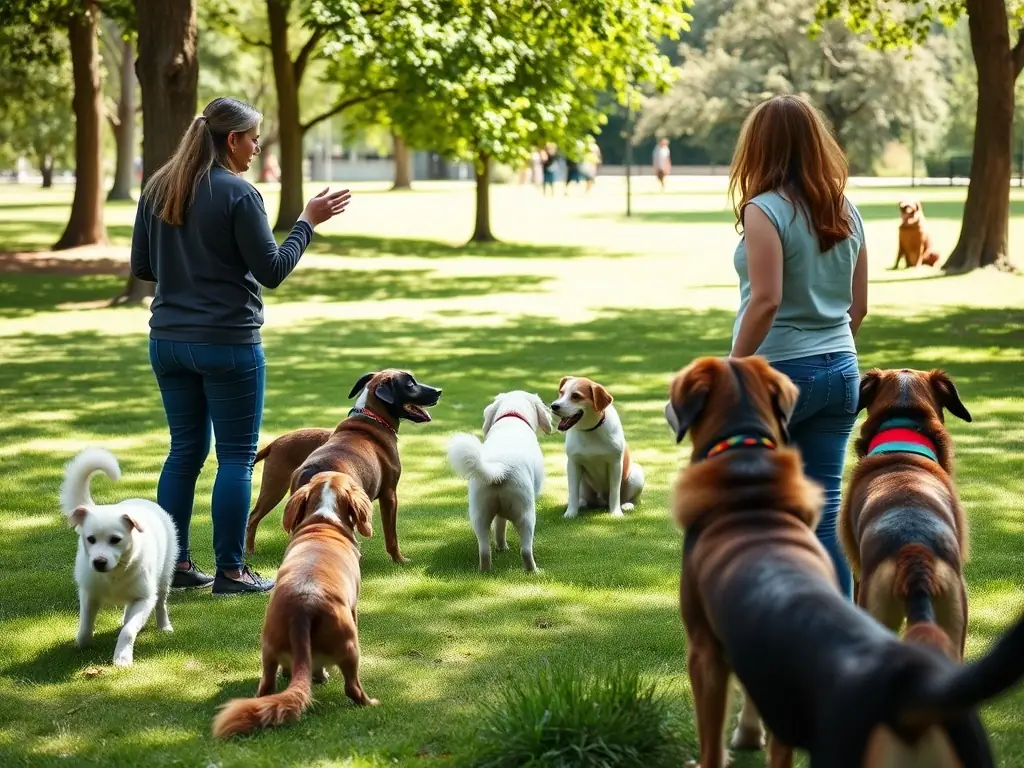 A photograph of a group of dogs and their handlers participating in a workshop focused on improving their teamwork and communication skills.