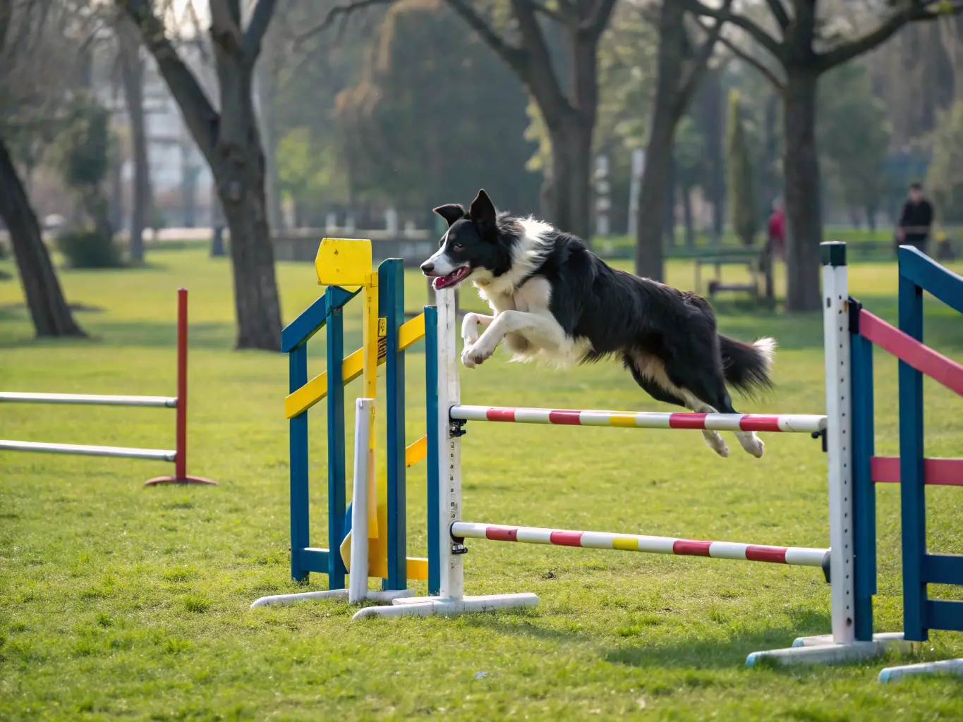 A vibrant action shot of a Border Collie skillfully navigating a set of agility hurdles during a training session at Passion Dog Agility, showcasing the dog's focus and the handler's guidance.