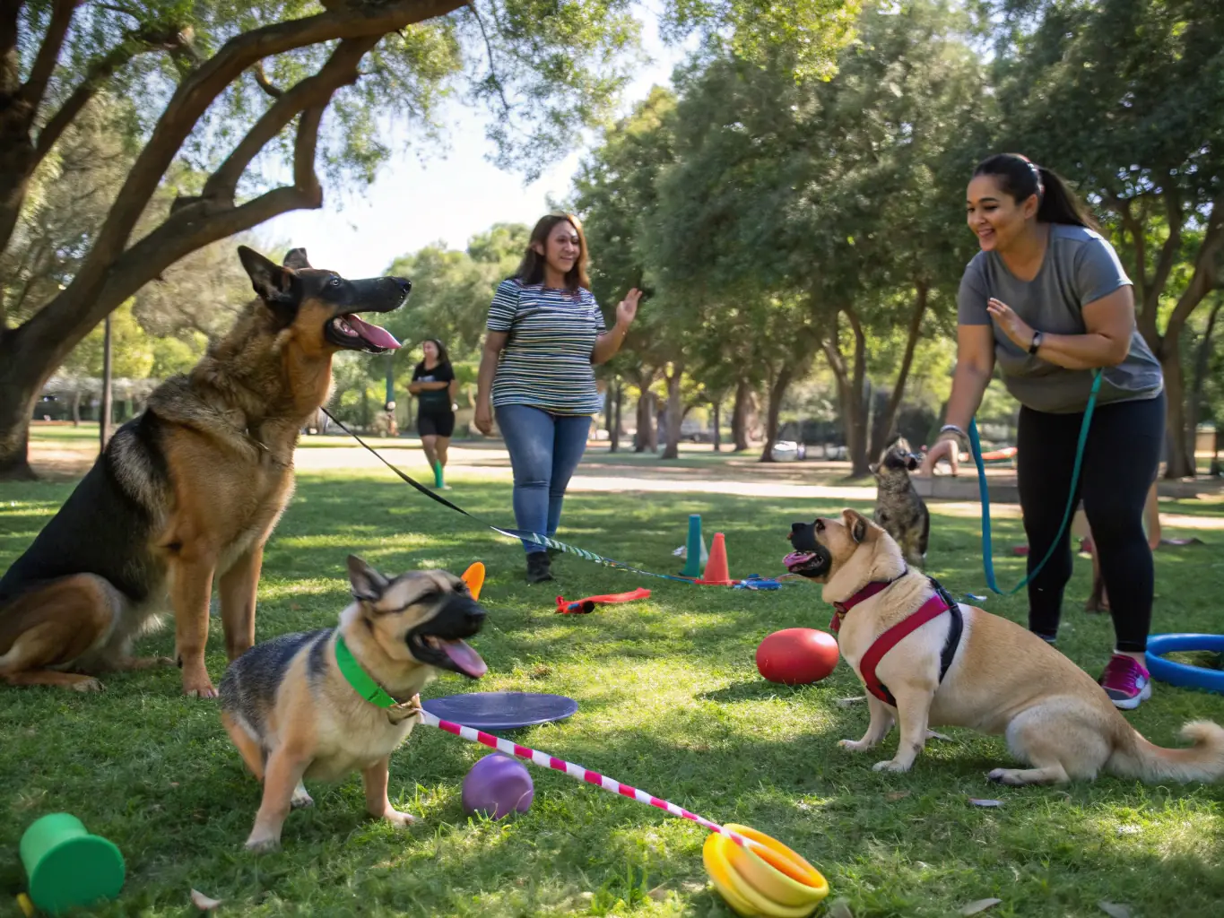 A heartwarming image of club members celebrating a successful agility run, highlighting the supportive and encouraging community at Passion Dog Agility.