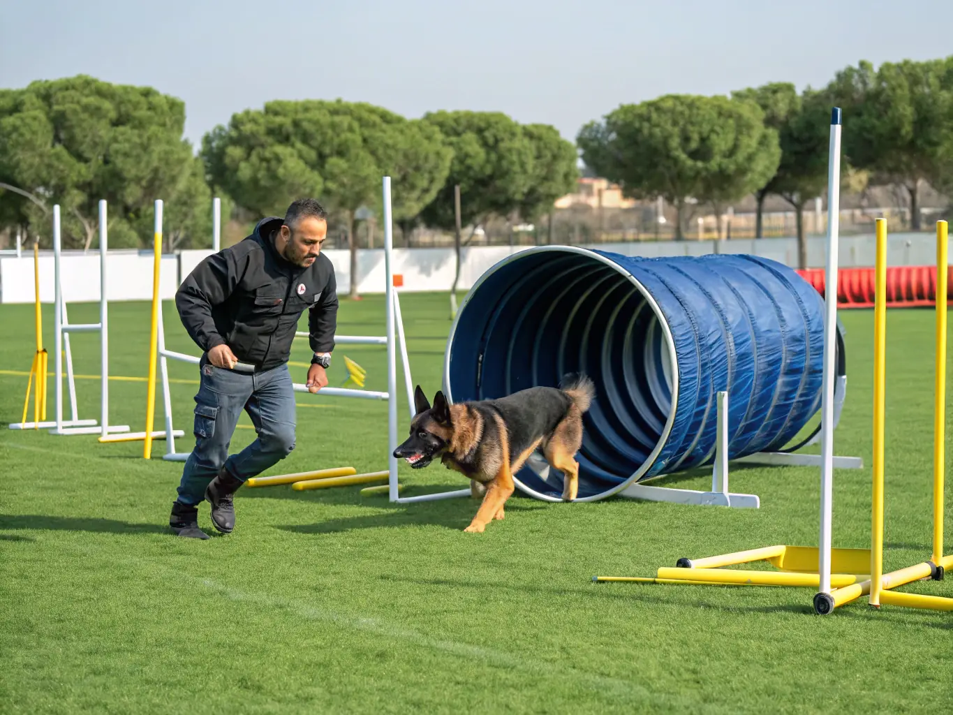 A focused image of a Belgian Malinois executing a perfect weave pole sequence at a Passion Dog Agility event, highlighting the precision and speed developed through advanced training.