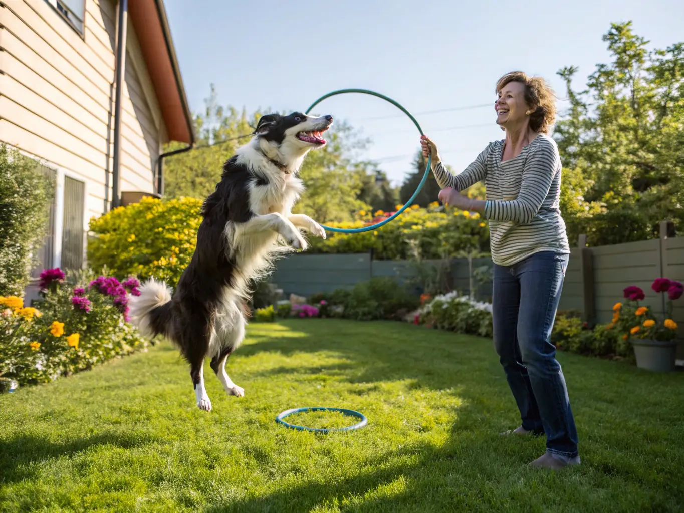 A vibrant image of a Border Collie leaping over a jump during an agility training session, showcasing the dog's athleticism and the handler's guidance.