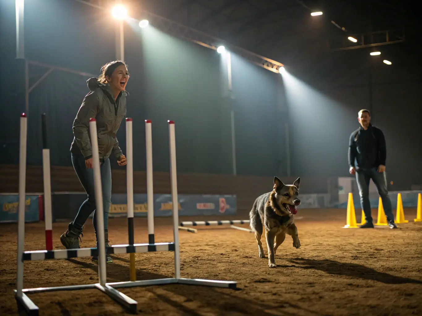 A vibrant image of dogs and their handlers participating in a structured agility training session, showcasing the focus and precision of the training.